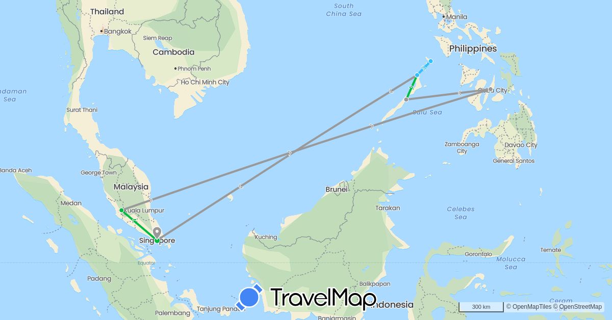 TravelMap itinerary: driving, bus, plane, boat in Malaysia, Philippines, Singapore (Asia)